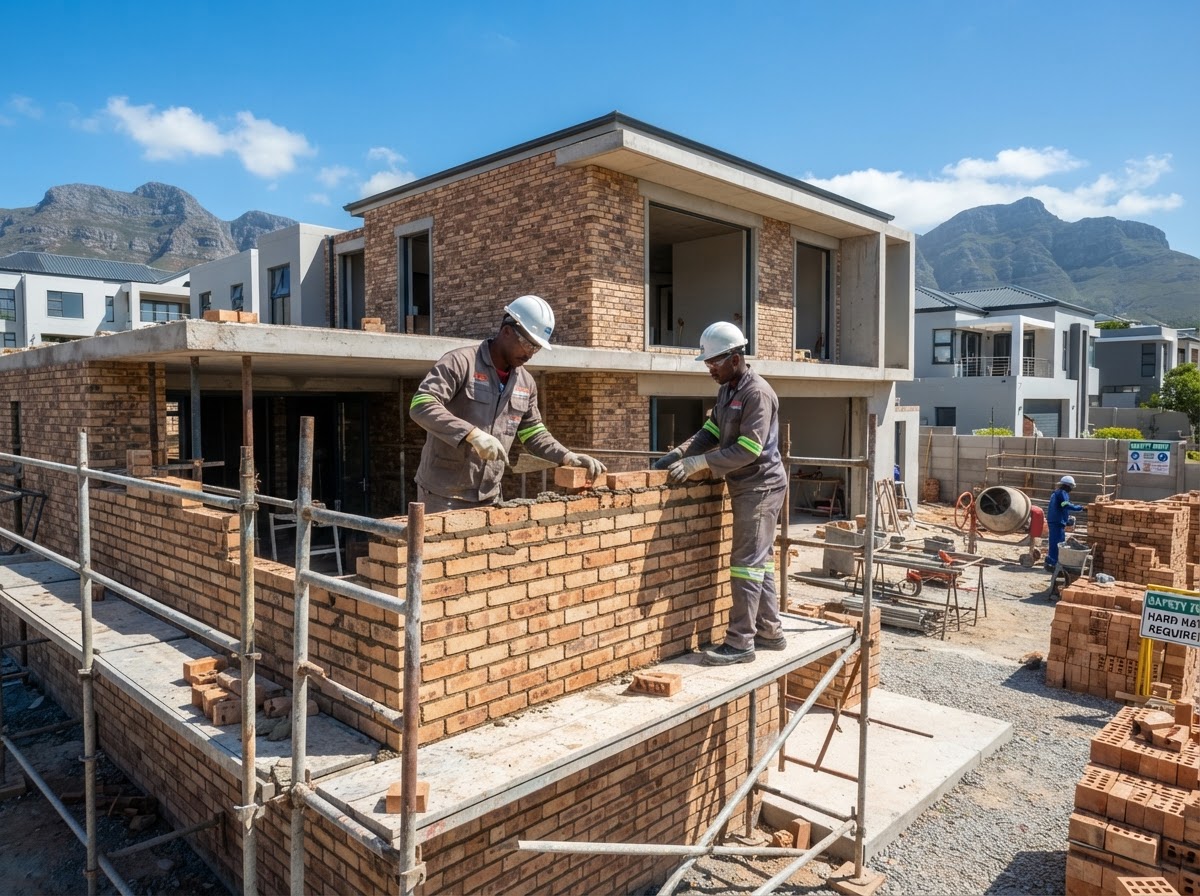 Bricklayers building a modern residential home