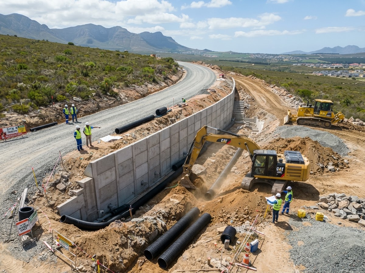 Civil construction site with retaining wall and drainage