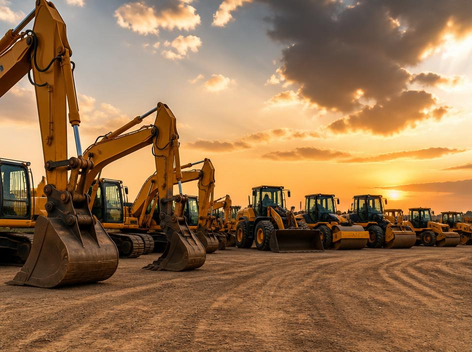 Construction plant and equipment hire yard at sunset
